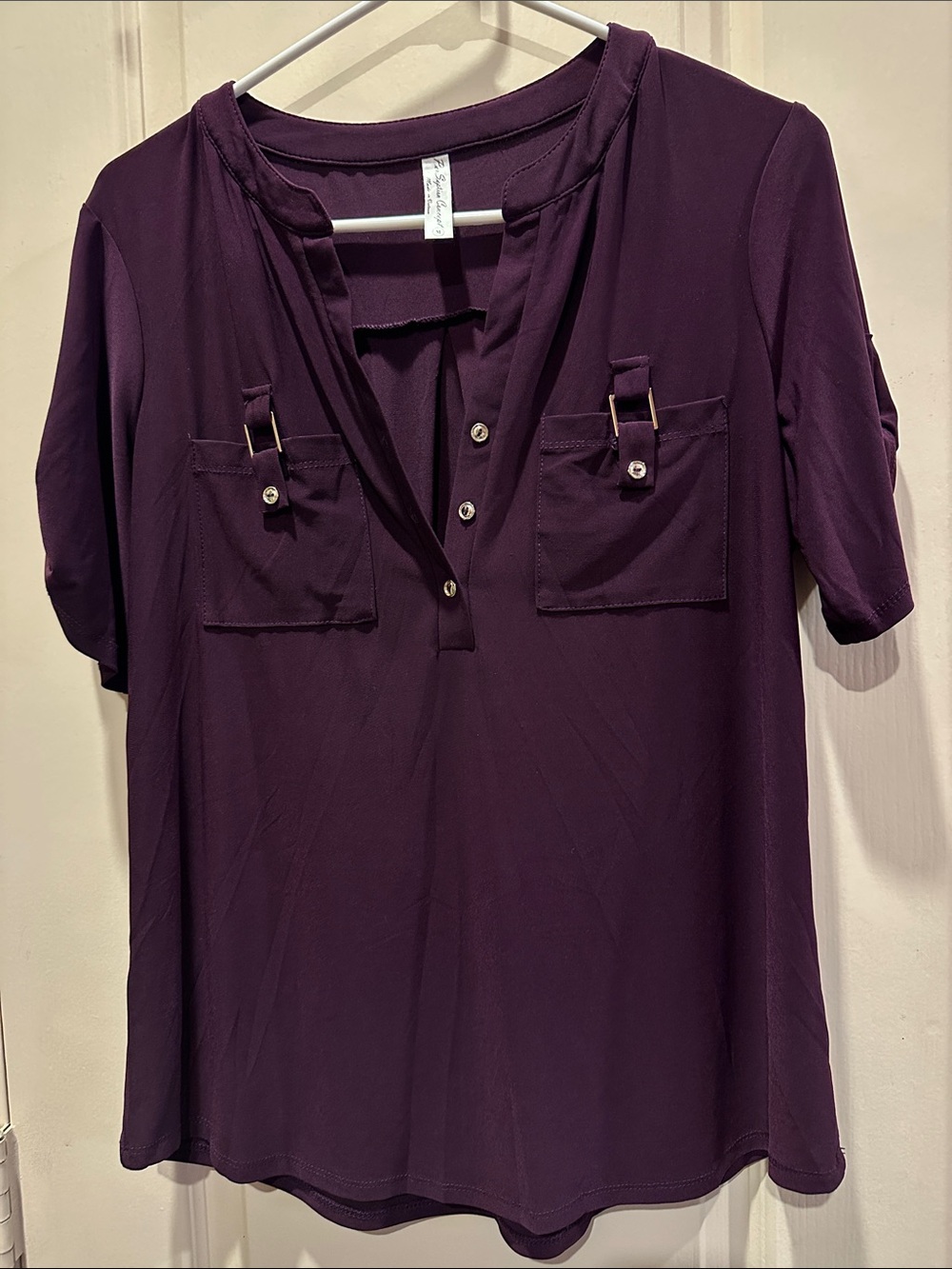 PerSeption Concept Plum Henley Blouse with Tab-Pocket Details